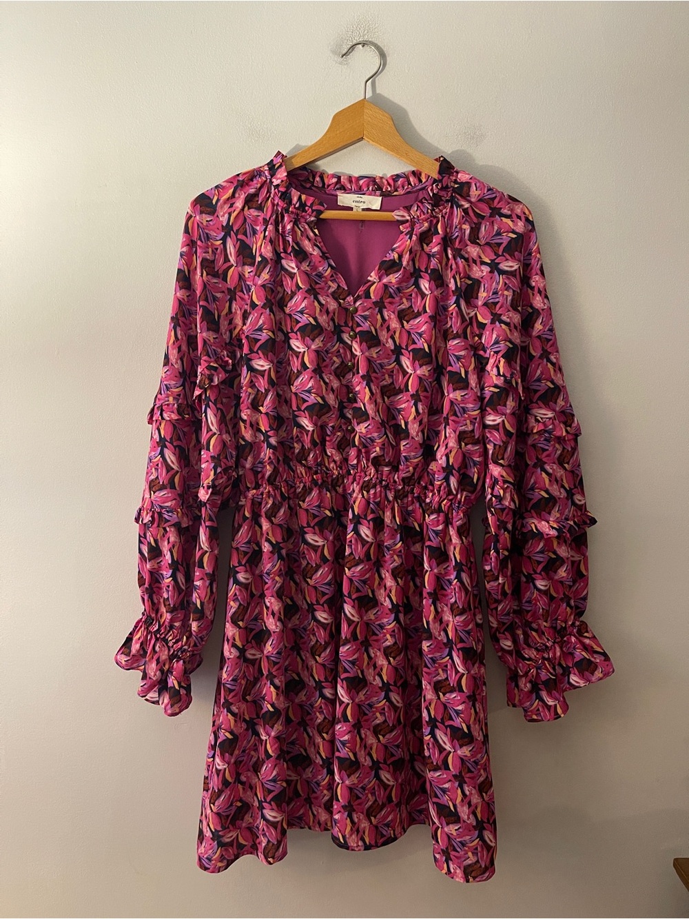 Entro Floral Tiered Dress Ruffle Pink Purple Long Sleeve Boho Boutique Large - Picture 5 of 6